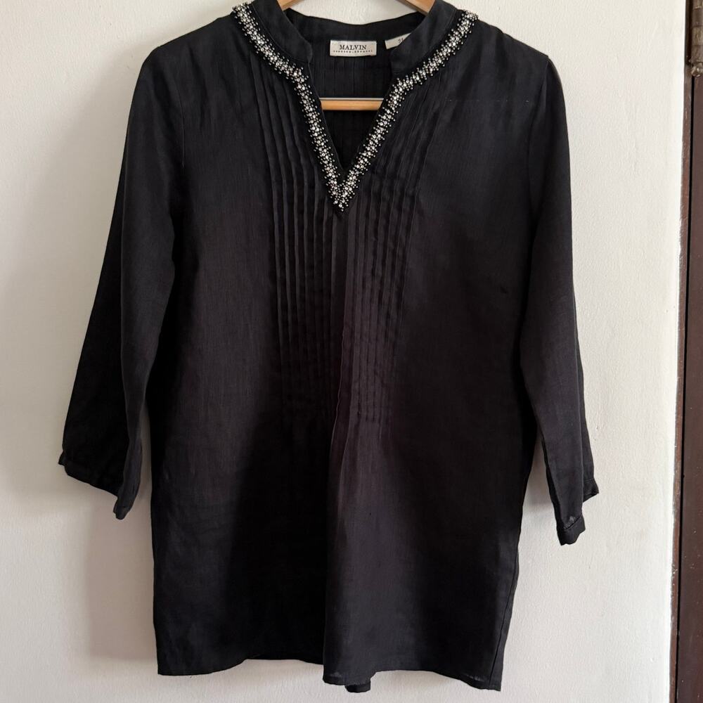 MALVIN Hamburg Black Linen Pintuck Split neck Beaded Tunic Blouse Size 38 Small